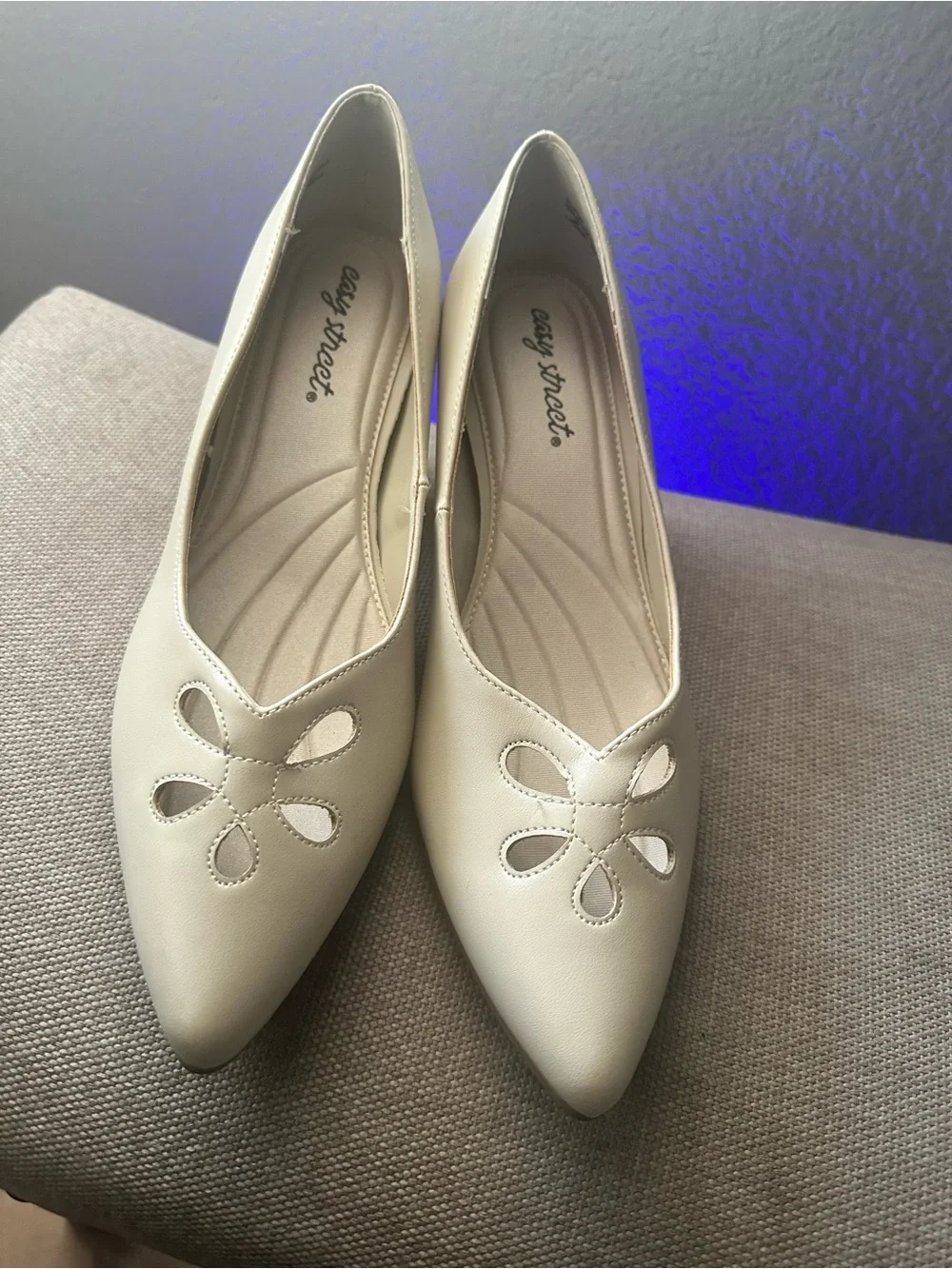 easy street Cream Pointed Toe Slip-On Flats with Floral Cutouts